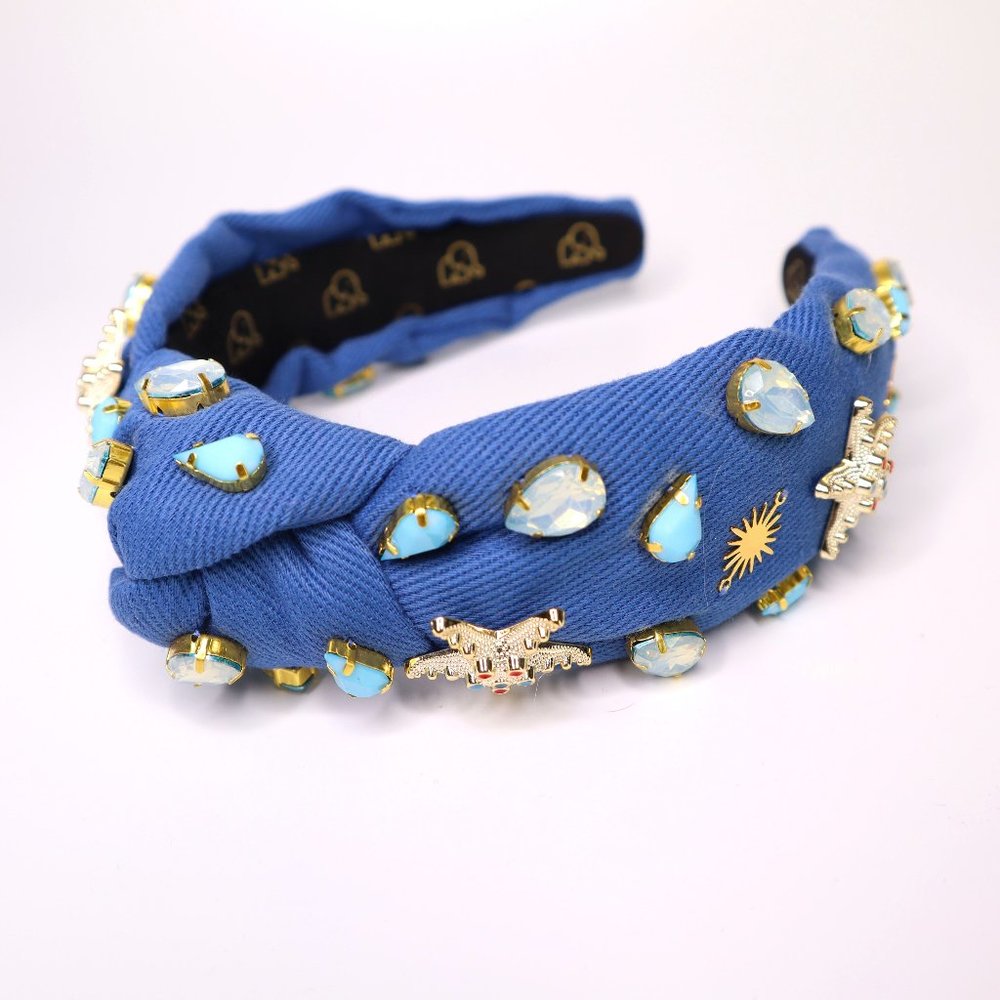 Schwab Jewels Embellished Knotted Headband Hand Sewn Crystals and Charms BLUE